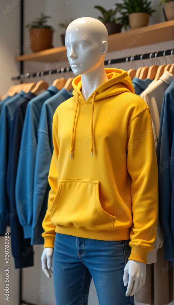 mockup of a hoodie in a store displayed on a mannequin, a mannequin standing in front of a coat rack, out of focus background mockup of a hoodie in a store displayed on a mannequin, a mannequin standing in front of a coat rack, out of focus background