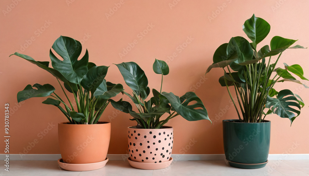 Fototapeta premium Philodendron Pink Princess in an elegant pot, dark green leaves c, simple white pot