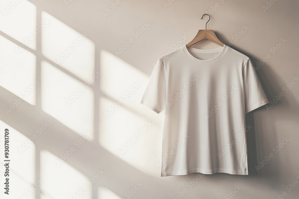 A plain white t-shirt is displayed on a wooden hanger, casually hanging against a wall where sunlight creates soft shadows A plain white t-shirt is displayed on a wooden hanger, casually hanging against a wall where sunlight creates soft shadows