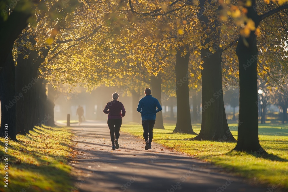 Obraz premium A middle-aged couple jogs together in a serene park, enjoying the sunshine and vibrant trees during a refreshing morning workout