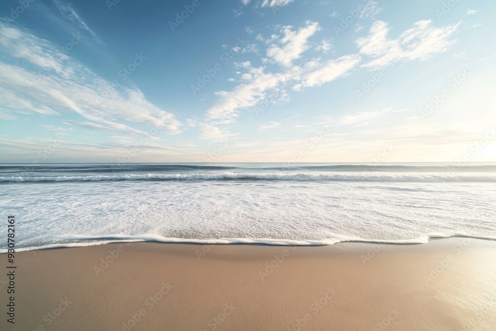Soft waves quietly touch the shore as the sun rises, creating a serene atmosphere on the peaceful, empty beach Soft waves quietly touch the shore as the sun rises, creating a serene atmosphere on the peaceful, empty beach