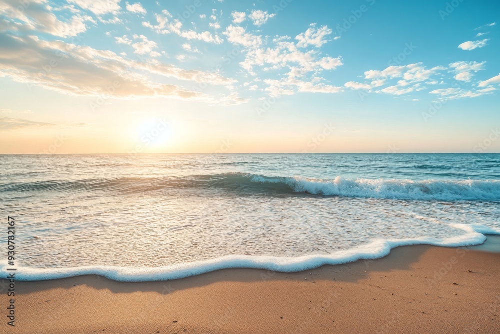 The sun rises over a peaceful beach, illuminating soft waves that gently wash onto the shore, creating a serene atmosphere
