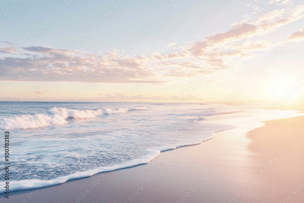 The soft waves gently lap against the empty shore, while the warm glow of sunrise casts a peaceful ambiance over the tranquil beach The soft waves gently lap against the empty shore, while the warm glow of sunrise casts a peaceful ambiance over the tranquil beach