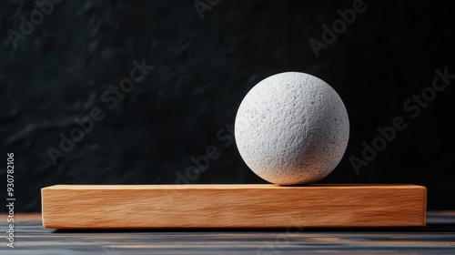 A minimalistic composition featuring a textured sphere resting on a wooden platform, creating a serene and balanced aesthetic.