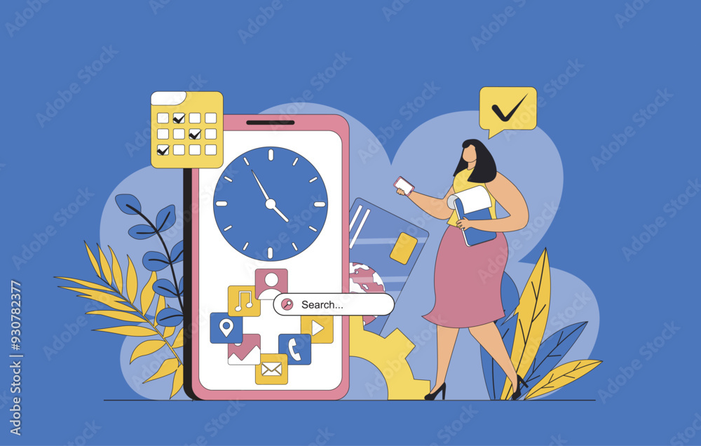 Mobile organizer concept with modern flat design for web. Woman organizes time and tasks in app, marks meetings on calendar, manages files, scheduling work agenda for deadlines. Vector illustration. Mobile organizer concept with modern flat design for web. Woman organizes time and tasks in app, marks meetings on calendar, manages files, scheduling work agenda for deadlines. Vector illustration.