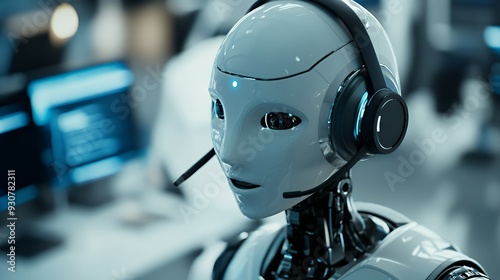 A humanoid robot with a headset, designed for communication and interaction.