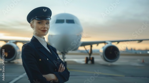 The flight attendant prepares for her shift, exuding confidence while standing in front of an airplane on a beautiful morning at the airport. Generative AI