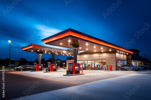 A sleek gas station features multiple fuel pumps glowing brightly under even lighting during twilight, inviting customers for refueling and convenience