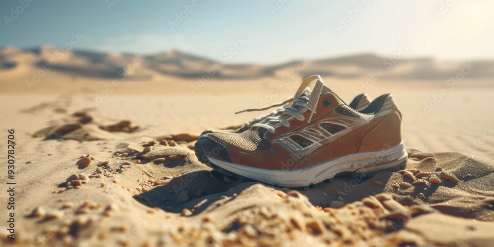 Sand-covered sneakers or flip flops on a sunny beach Sand-covered sneakers or flip flops on a sunny beach