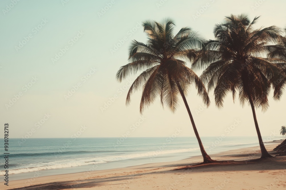 Tall coconut trees sway gently while framing a serene beach, with calm waves lapping at the shore under a clear sky during sunset Tall coconut trees sway gently while framing a serene beach, with calm waves lapping at the shore under a clear sky during sunset