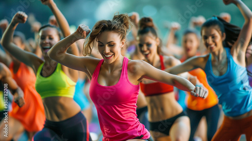 group of young women in sportswear practicing aerobics, zumba
