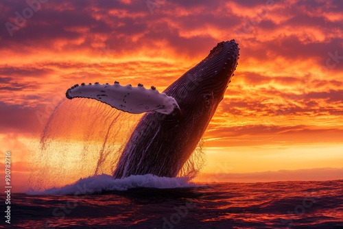 A humpback whale bursts from the water, showcasing its powerful midbreach against a breathtaking, colorful sunset backdrop photo