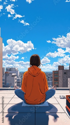 A serene moment of meditation on a rooftop under a bright blue sky, surrounded by fluffy clouds and city buildings.