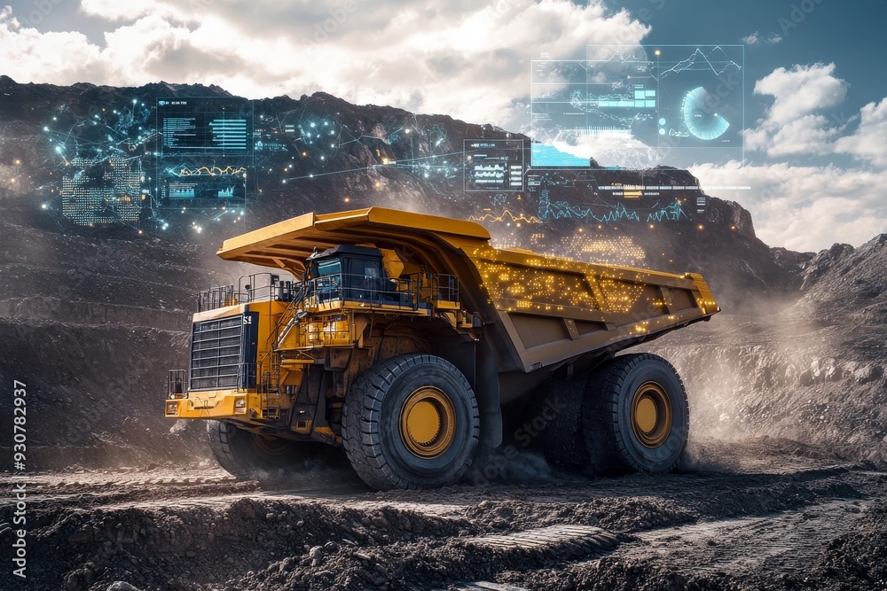 Obraz premium A massive dump truck works tirelessly in a rugged open pit mine, while holographic data displays enhance the mining operation's efficiency