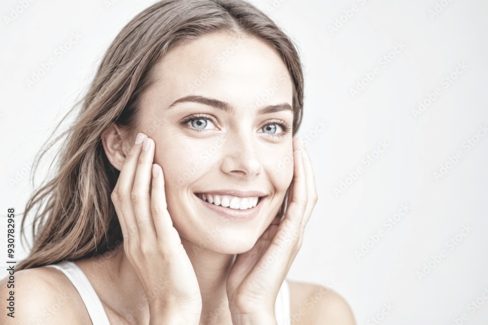 High key portrait of young beautiful healthy happy woman touching her face and looking upwards over white background, copy space High key portrait of young beautiful healthy happy woman touching her face and looking upwards over white background, copy space