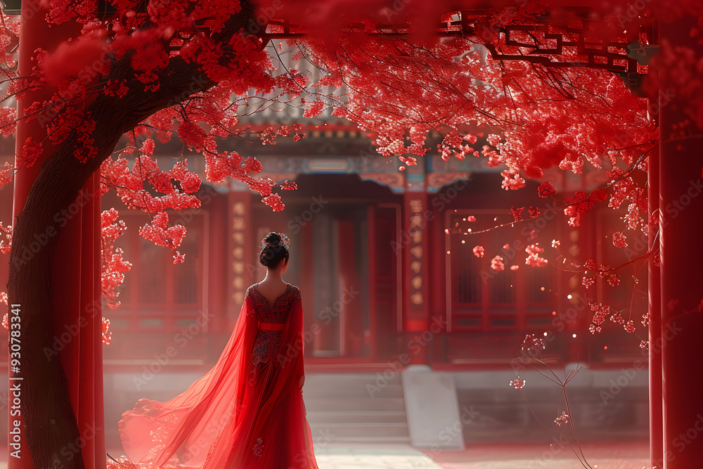Fototapeta premium Woman in red gown under cherry blossoms in pagoda