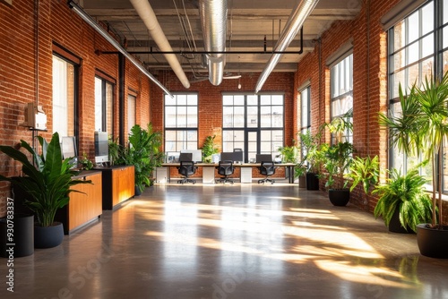 Wallpaper Mural A bright, open office features large windows, exposed brick walls, and greenery, creating an inviting atmosphere for work or collaboration Torontodigital.ca