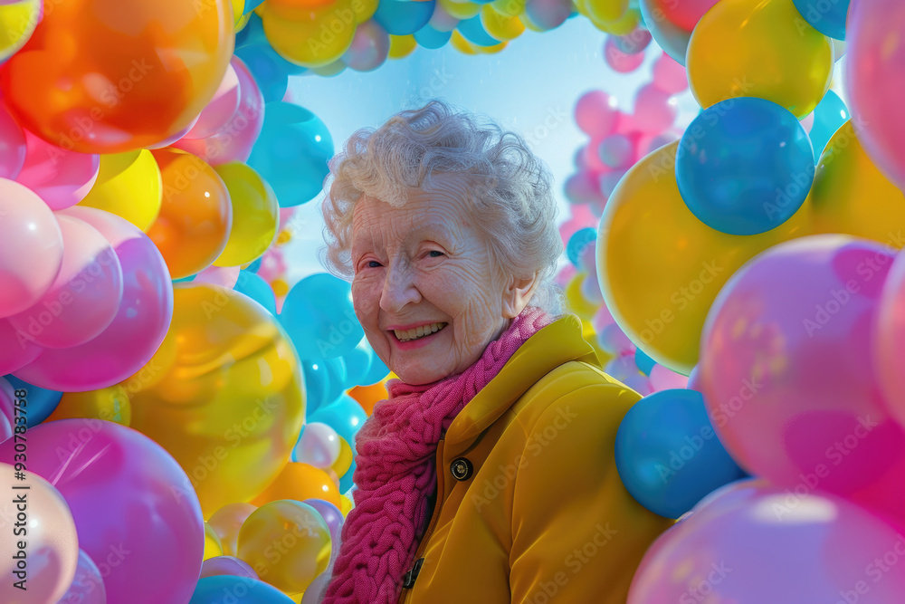 Obraz premium An elderly woman with a big smile stands within a vibrant balloon arch on a sunny day