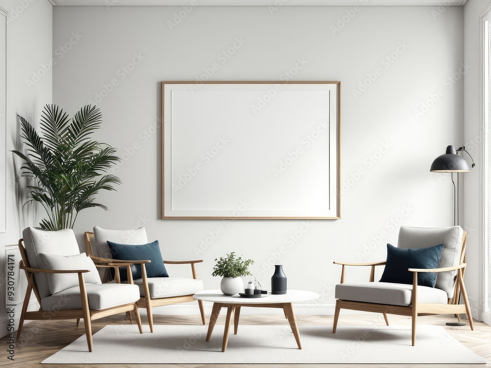 3d rendering of a framed mockup in a living room with Scandinavian style chairs and decorations 3d rendering of a framed mockup in a living room with Scandinavian style chairs and decorations