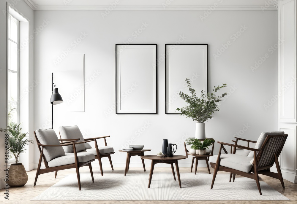 3d rendering of a framed mockup in a living room with Scandinavian style chairs and decorations 3d rendering of a framed mockup in a living room with Scandinavian style chairs and decorations