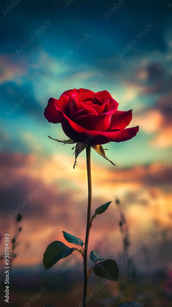 Red rose in a field at sunset