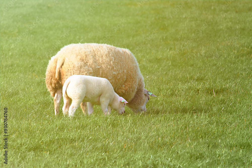 Sheep with baby lamb grazing in green field Close-up Sheep with baby lamb grazing in green field Close-up