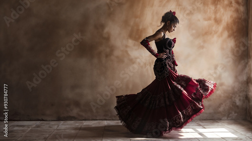 Beautiful Spanish flamenco dancer indoors with copy space. photo