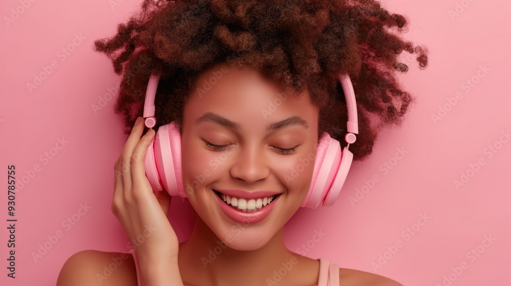 Happy stylish african american woman wearing pink wireless headphones smiling with eyes closed touching headphones with one hand on studio background with copyspace Happy stylish african american woman wearing pink wireless headphones smiling with eyes closed touching headphones with one hand on studio background with copyspace