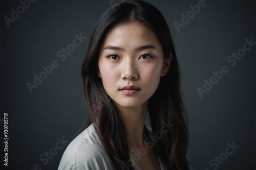 photo of a young beautiful woman in the image of an Asian woman in a low key photo