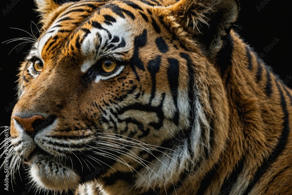 Fototapeta premium dramatic close up head of a Male tiger profile in low key light