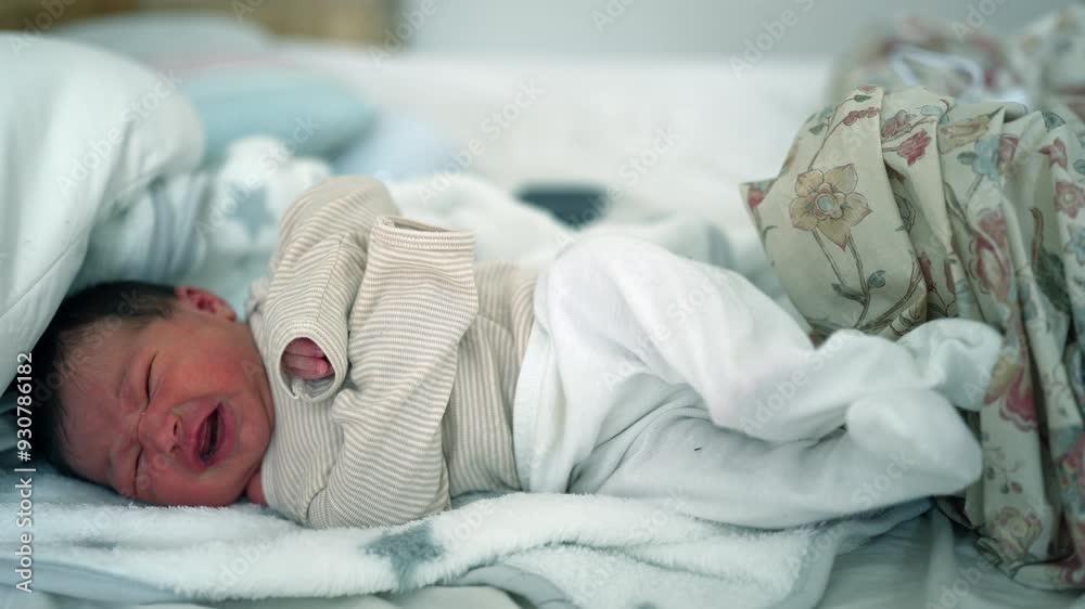 Newborn baby crying in bed, swaddled in a blanket, clearly in distress. a raw and emotional moment, highlighting the vulnerability and intensity of early life in a home environment Newborn baby crying in bed, swaddled in a blanket, clearly in distress. a raw and emotional moment, highlighting the vulnerability and intensity of early life in a home environment