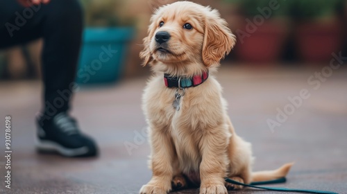 Adorable golden puppy enjoying a sunny outdoor setting