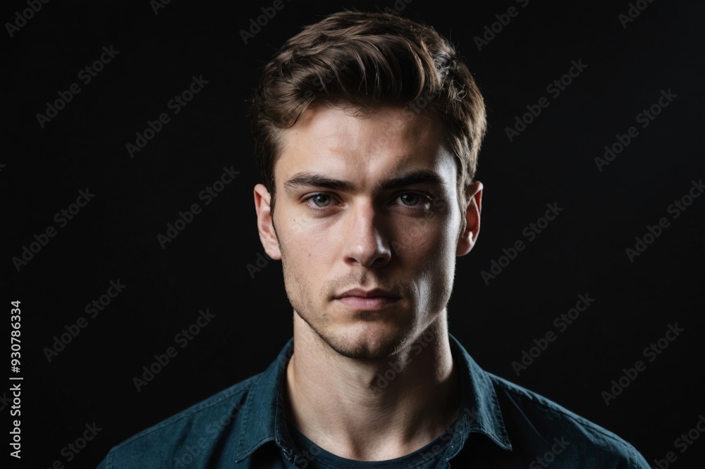 Obraz premium Young serious man on black background in low key