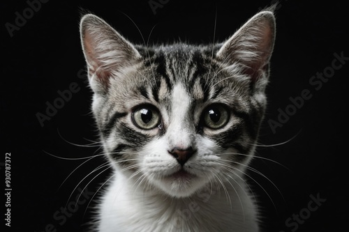 Black and white low key funny crazy cat kitten close up portrait