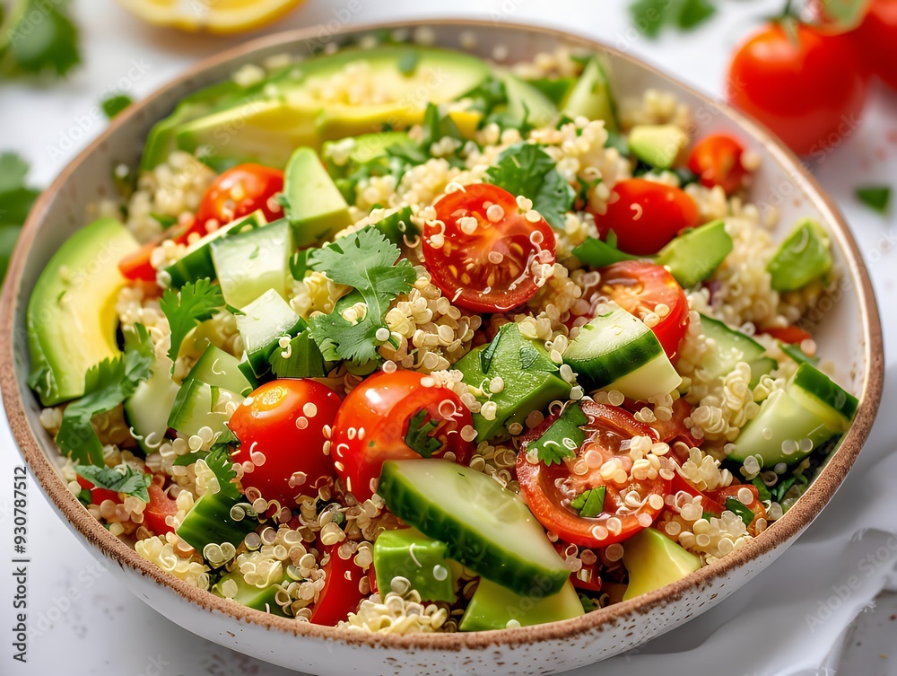 A fresh quinoa salad with tomatoes, cucumbers, and avocado, garnished with herbs. A fresh quinoa salad with tomatoes, cucumbers, and avocado, garnished with herbs.