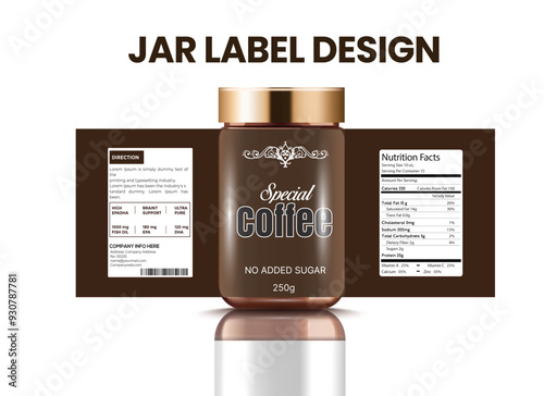 Vector realistic instant coffee jar label design. A closed jar with  Label for coffee powder mockup