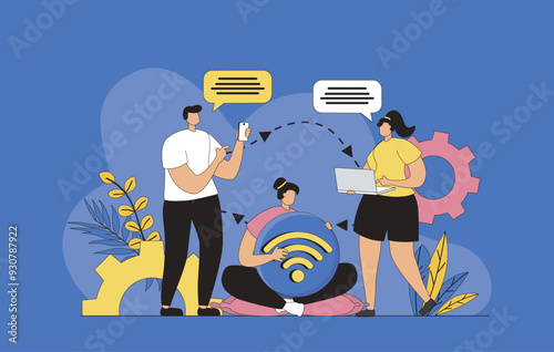 Wireless technology concept with modern flat design for web. Man and woman using free internet and connecting to wifi hotspot from laptop and smartphone for virtual chatting. Vector illustration.
