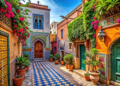 Vibrant multicolored buildings line narrow streets in a traditional Moroccan village, adorned with intricate tile work and ornate architecture, surrounded by lush greenery.