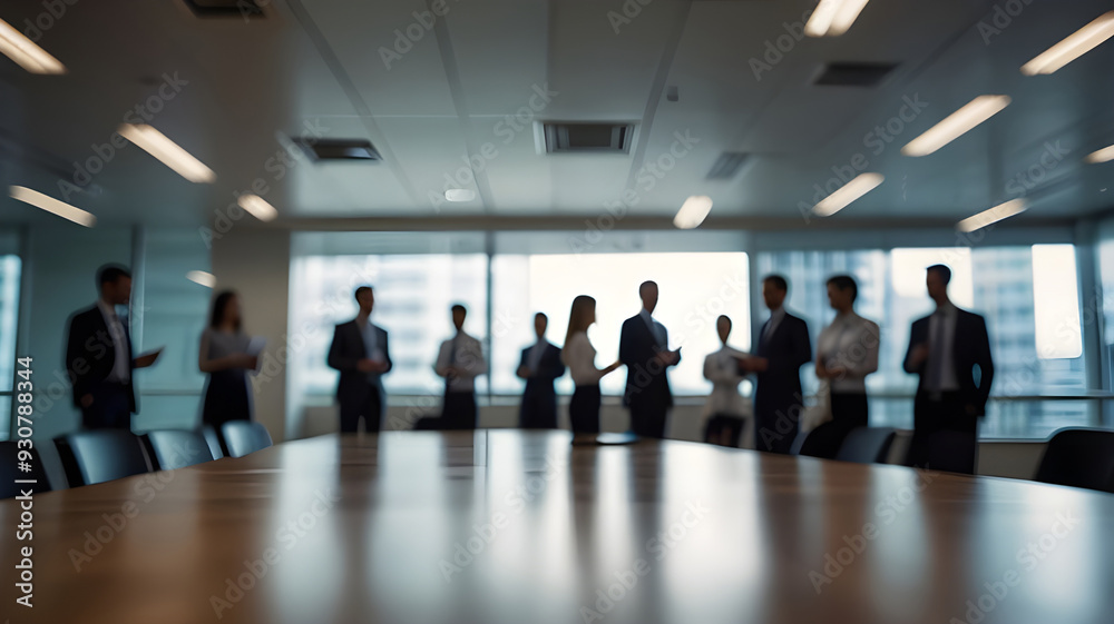 An office meeting room with businesspeople in a blurred-style background. An office meeting room with businesspeople in a blurred-style background.