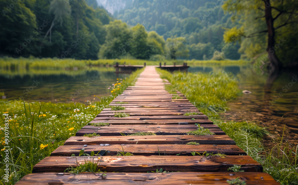Obraz premium A wooden bridge spans a river, with a lush green forest in the background. The water is calm and clear, and the bridge is surrounded by grass and trees. The scene is peaceful and serene