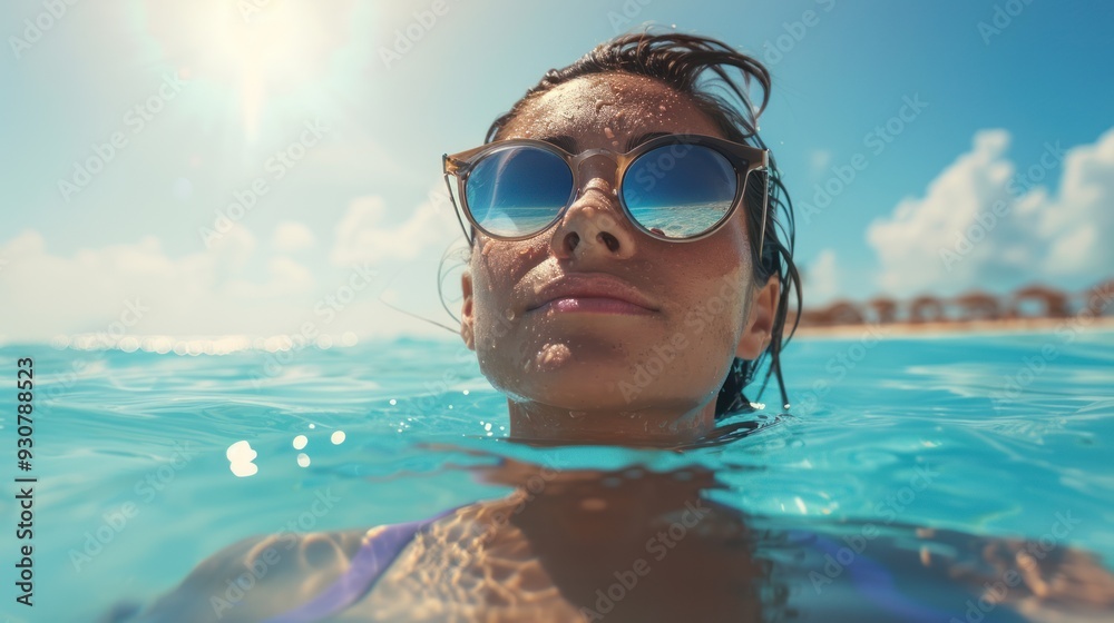 Naklejka premium A woman with sunglasses is swimming in the ocean. The sunlight is reflecting on the water.
