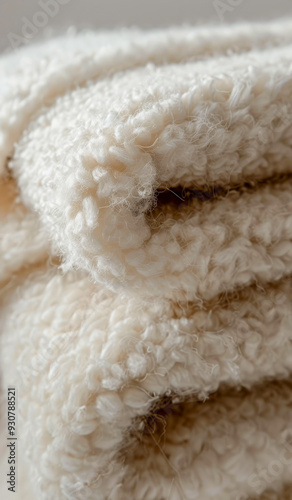 A white blanket with a lot of texture and a fuzzy appearance. The blanket is piled on top of itself, creating a cozy and warm atmosphere