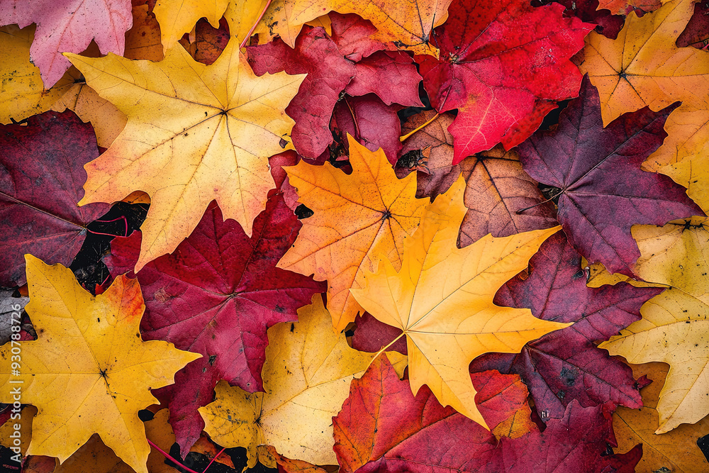 Colorful fallen maple leaves blanket the ground in autumn hues. Colorful fallen maple leaves blanket the ground in autumn hues.