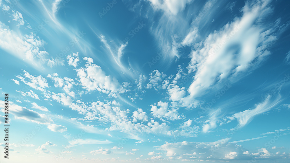 Bright blue sky with dynamic cloud formations. Ideal for nature backgrounds and environmental concepts