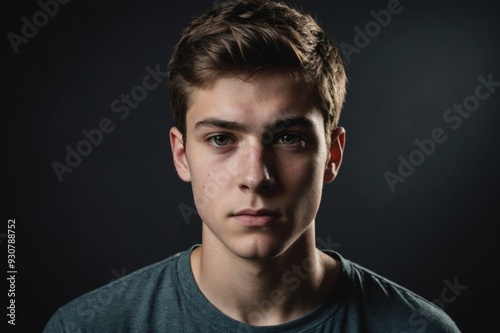 Low key portrait of a young  man in his late teens with a serious look on his face
