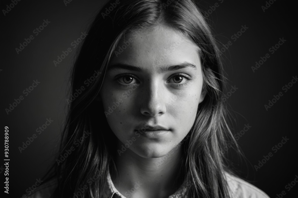 Low Key Black and White Shot of a Beautiful Teenager Looking into the Camera Low Key Black and White Shot of a Beautiful Teenager Looking into the Camera