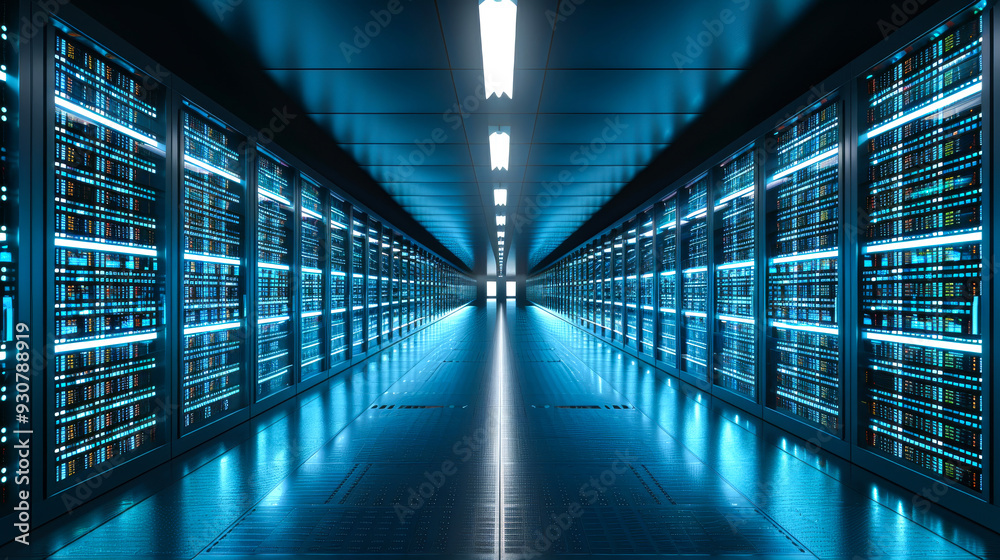 Fototapeta premium A long hallway with many computer servers. The servers are blue and the lights are on. Scene is futuristic and industrial