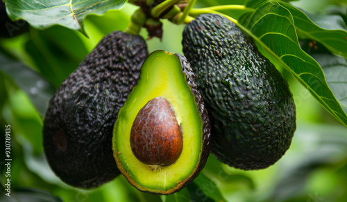 Three avocados are hanging from a tree, one of which has been cut open. The avocados are ripe and ready to be eaten
