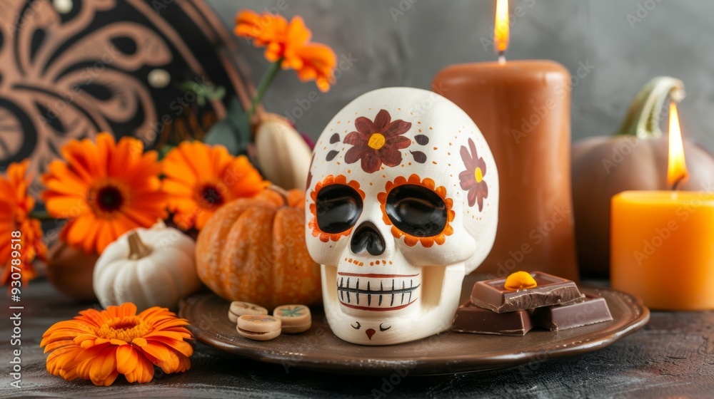 A skull is placed on a plate with a bunch of orange flowers and a chocolate bar A skull is placed on a plate with a bunch of orange flowers and a chocolate bar