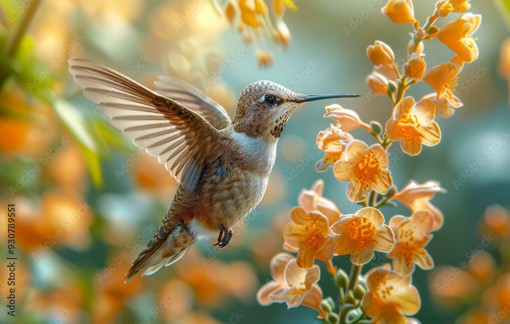 Fototapeta premium A hummingbird is flying over a flower with orange petals. Concept of freedom and beauty, as the bird gracefully moves through the air and the flowers bloom in vibrant colors